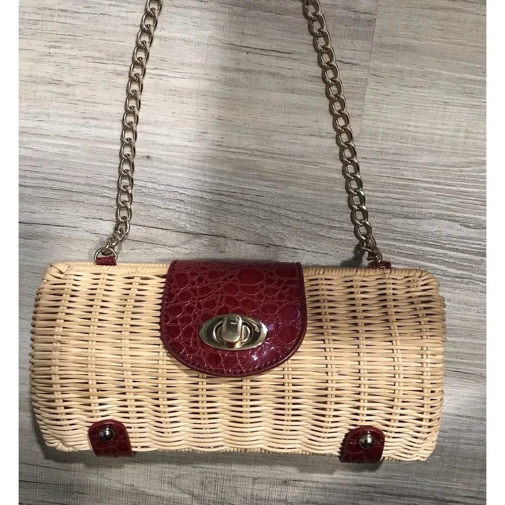Vintage Straw Woven Handbag Red Leather Accents with Gold Chain